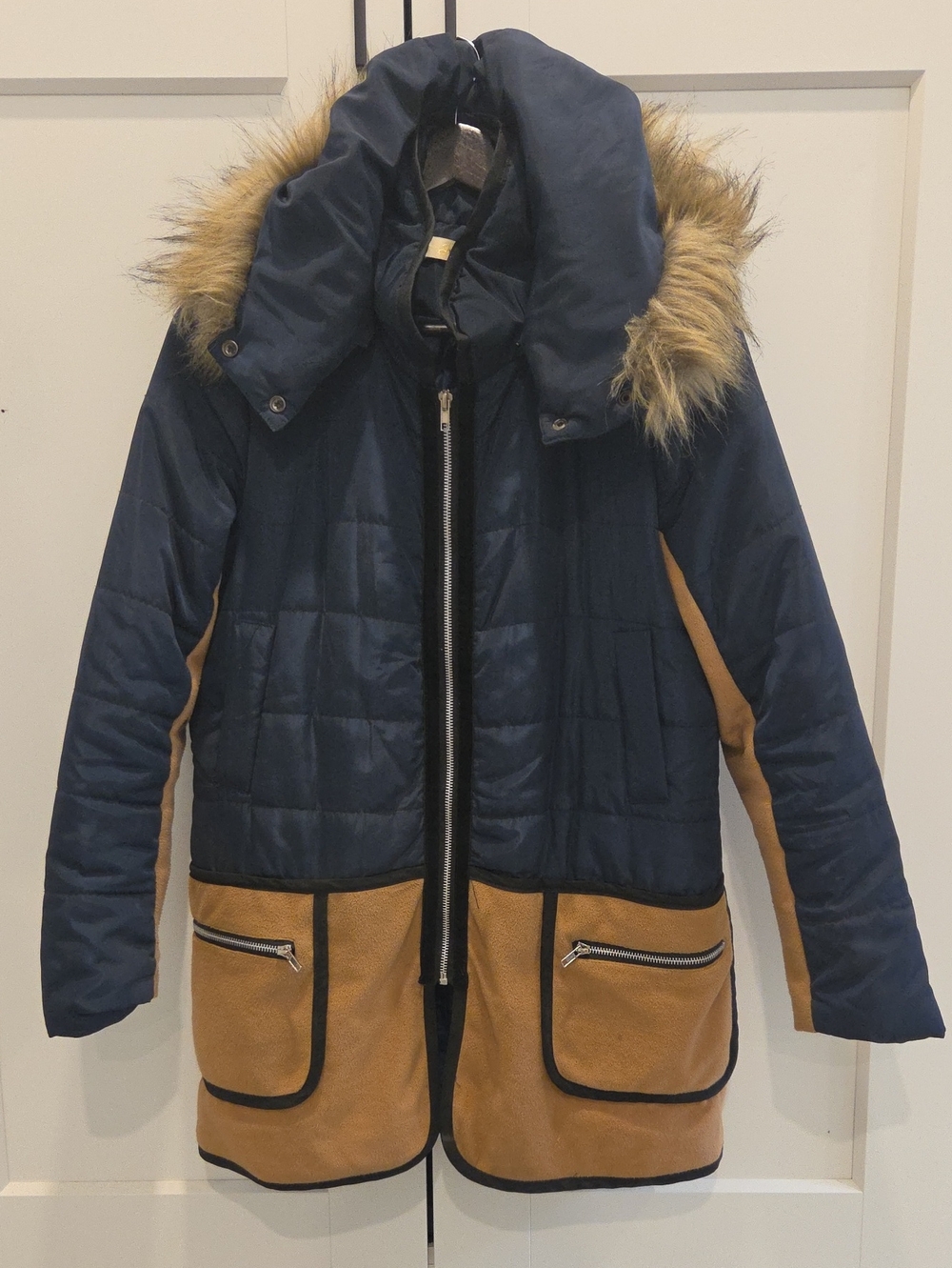Women’s Navy and Tan Faux-Fur Trim Puffer Coat